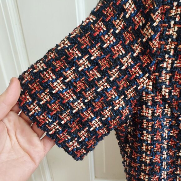 Pleione Red Blue Ruffle Tweed Short Sleeve Dress - Picture 4 of 8